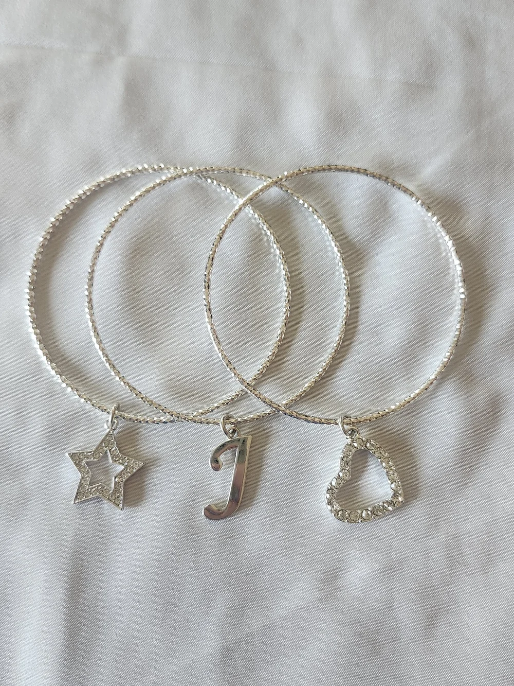 Silver Charm Bangle Set with Star, Initial J and Heart Charms